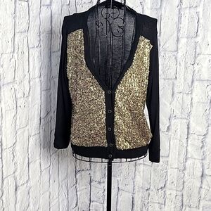 ×MONTEAU Black and Gold Sequined Button Up Cardigan‎ Sweater Women's Medium